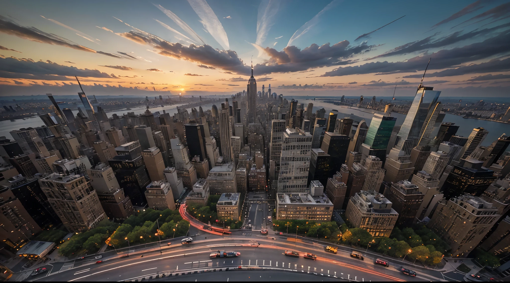 masterpiece, super detail, high quality, award winning, 8k, landscape photo, New York City, bustling streets, skyscrapers, taxis, pedestrians, Central Park, Empire State Building, Times Square, sunset