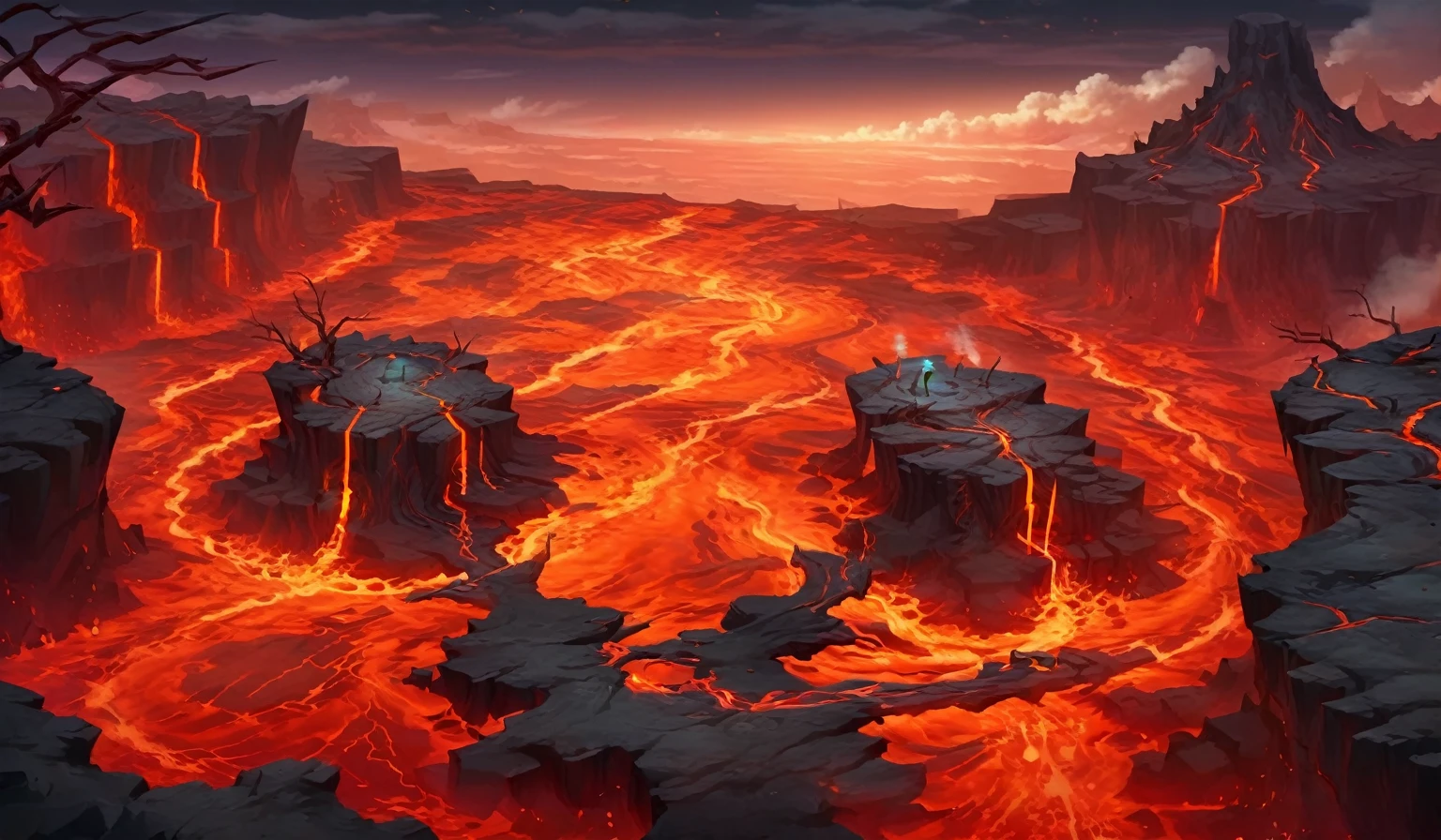 scene concept, pools of lava, 3d rendering, anime style, ultra-clear detail, masterpiece, high quality, lava, solo, landscape, dead tree, outdoor, cliff, clouds, fire, science fiction, sky, pit, top view