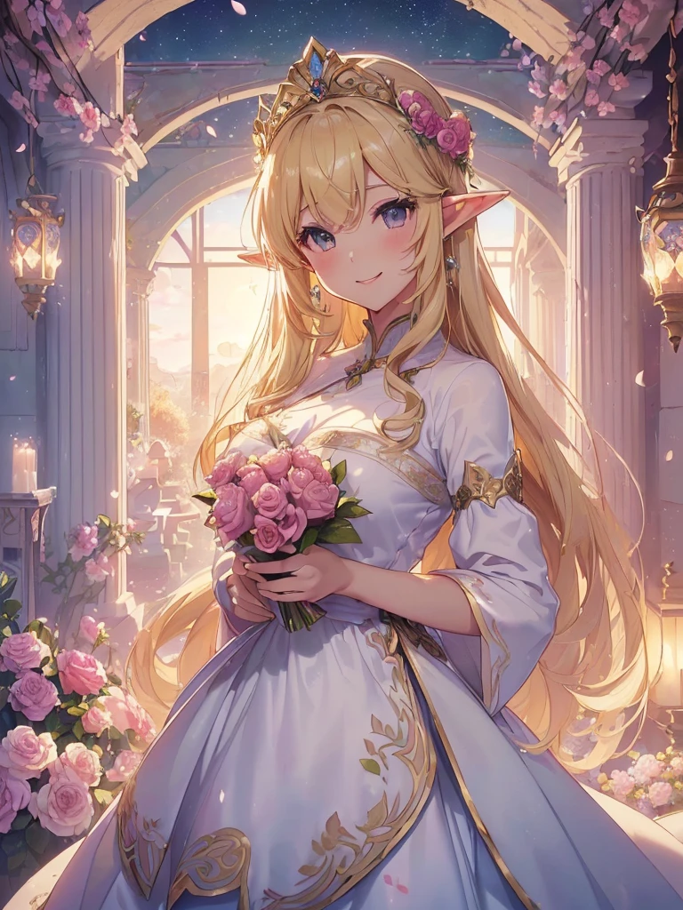 highest quality、Highest image quality、masterpiece、beautiful face、、Titania、Super beautiful elf beauty((22 years old OL big bust、bust 90,beautiful long ironed hair、blonde、Height: 165cm。slender、sexy、Esbian、beautiful tiara、night、High quality、美しいart、Beautiful bed、canopy、Sky curtain、muste piece、ビジュアルart、Depth of the bounds written、、elf ears、、Lightのmagic、universe、A happy smile、穏やかなLight、Elven Forest、cherry blossoms、、elegant、ticker beautiful decorative、marble columns、fresco、Mosaic floor、mystical　rosa、Rose、flower瓶、magicのflower、flowerを作るmagic、Light、　the sky、beautiful dressy、beautiful dresyth、ART、Lord of the Ring、sexy、friendly smile、Fantastic、cherry blossoms、舞い散るflowerびら、cherry blossomsのflower、universeのmagic、magicのLight、fantasy、flower、super REALITYたくさんのRose、magic、Interior decoration、Many tapestries、Grow fantasy、、mysteryのLight、byzantine、renaissance、Art nouveau、alphonse　Mucha、、art、art,mystery,UHD,magicalgentle light,sexy、