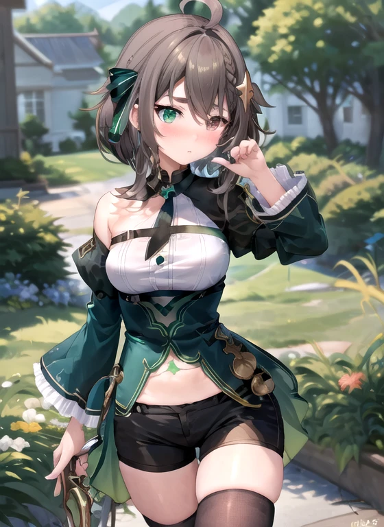 best quality, (masterpiece),(ultra-detailed), (high quality), (high resolution), 1girl, ahoge, black shorts, blush, braid, breasts, brown eyes, brown hair, detached sleeves, drink, frilled sleeves, green background, green bow, green eyes, hair between eyes, hair ornament, heterochromia, holding weapon, looking at viewer, meica, nail polish, ribbon, short sleeves, signature, solo, star hair ornament, virtual youtuber, witch, big breasts, large breasts, (beautiful large breasts:1.4), breasts, H-cup