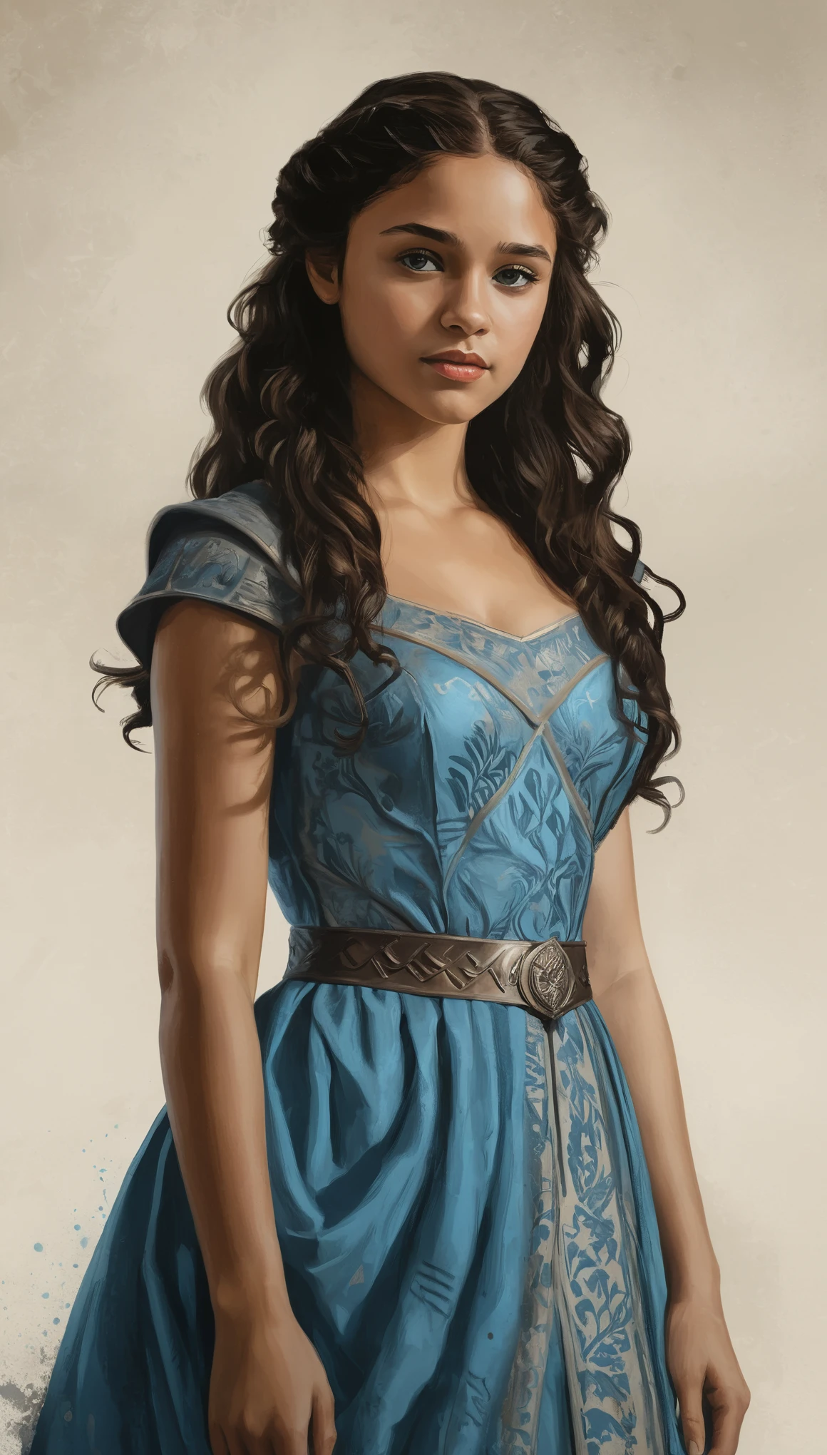 An illustrated movie poster, hand-drawn, full color, a Westerosi teenage girl, wearing a regal dress, brown complexion, azure blue eyes, dark hair, long loose curls, waist-length hair, posing on a pedestal, hard shadows, graphite shading, stencil marks, airbrushed acrylic paint, masterpiece, in the style of Game of Thrones 