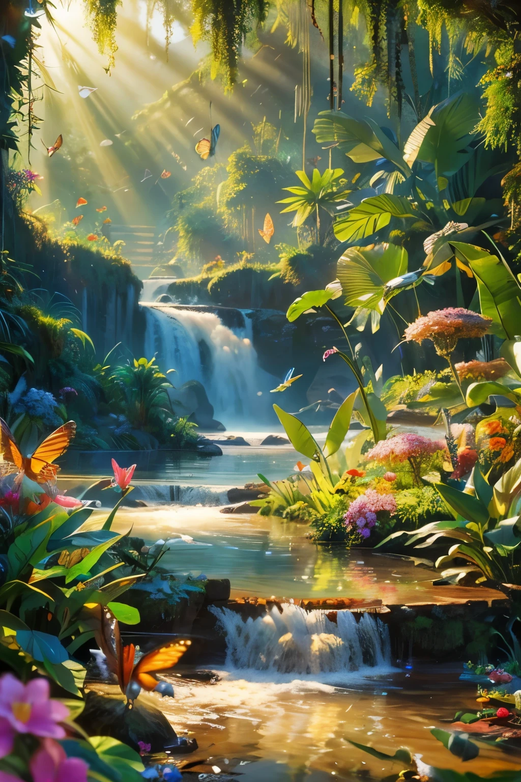 Beautiful hyper-realistic and super-detailed masterpiece that shows a mysterious river in the amazon forest, with the morning sunshine, Flying butterflies on the flowers, hummingbird in a exotic flower