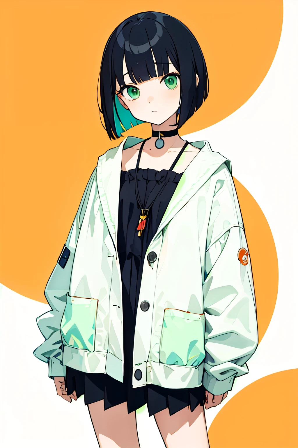 (masterpiece, highest quality) 1 girl, alone, Otaku, colorful flat coloring, warm, bangs、((black short bob))、cute girl、green eyes、choker around the neck、