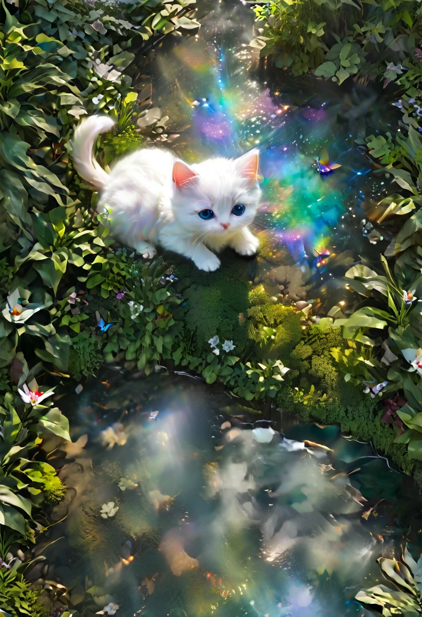 (8K、Raw photo、highest quality、look up:1.2、masterpiece:1.2、genuineistic、ultra high resolution、high contrast、photon mapping、genuine、Super detailed、official art, Raw photo、professional lighting、 light、Vivid atmosphere、twicelight) , A little girl is watching with amusement a white kitten catching butterflies in the garden, A stream flows in the distance, Home々can be seen, A girl and her white kitten are surrounded by lush greenery and colorful flowers, The sunlight filtering through the trees shines through the trees., casting a warm glow, Bright butterflies flutter around a girl and her white kitten, Create a lively atmosphere, The gardens are beautifully maintained, Neatly trimmed bushes and々Plants, The is attached to a white kitten, The water in the stream is crystal clear, Reflects a tranquil environment, 遠くのHome々It has a colorful appearance, Add a little whimsy to your scene. Creates a mysterious aura, An atmosphere of tranquility and contemplation, High Fantasy Worldview, Beautiful depiction of grand composition and proportions, Guardian nebula of rainbow light and silvery vapor, Corrosive Encirclement Ray Family Color, slimy air feeling,