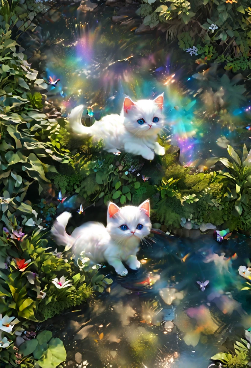 (8K、Raw photo、highest quality、look up:1.2、masterpiece:1.2、genuineistic、ultra high resolution、high contrast、photon mapping、genuine、Super detailed、official art, Raw photo、professional lighting、 light、Vivid atmosphere、twicelight) , A little girl is watching with amusement a white kitten catching butterflies in the garden, A stream flows in the distance, Home々can be seen,  A girl and her white kitten are surrounded by lush greenery and colorful flowers, The sunlight filtering through the trees shines through the trees., casting a warm glow, Bright butterflies flutter around a girl and her white kitten, Create a lively atmosphere, The gardens are beautifully maintained,  Neatly trimmed bushes and々Plants, The  is attached to a white kitten, The water in the stream is crystal clear, Reflects a tranquil environment, 遠くのHome々It has a colorful appearance, Add a little whimsy to your scene. Creates a mysterious aura, An atmosphere of tranquility and contemplation, High Fantasy Worldview,　Beautiful depiction of grand composition and proportions, Guardian nebula of rainbow light and silvery vapor, Corrosive Encirclement Ray Family Color, slimy air feeling,