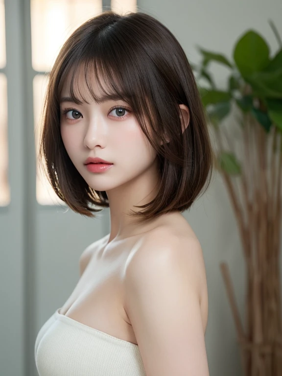 ((NSFW))、(masterpiece:1.5)、(8K)、(Photoreal:1.5)、RAW photo、(best image quality:1.4)、(sharp focus:1.5)、 highest quality、masterpiece、超A high resolution、perfect dynamic composition、 20-year-old、thin、Beautiful woman:1.4、serious expression、 in the living room、wearing a tube top、 light brown hair、bob cut、shining hair、 super detail face、detailed eye、double eyelid、 natural color lip、transparent skin、