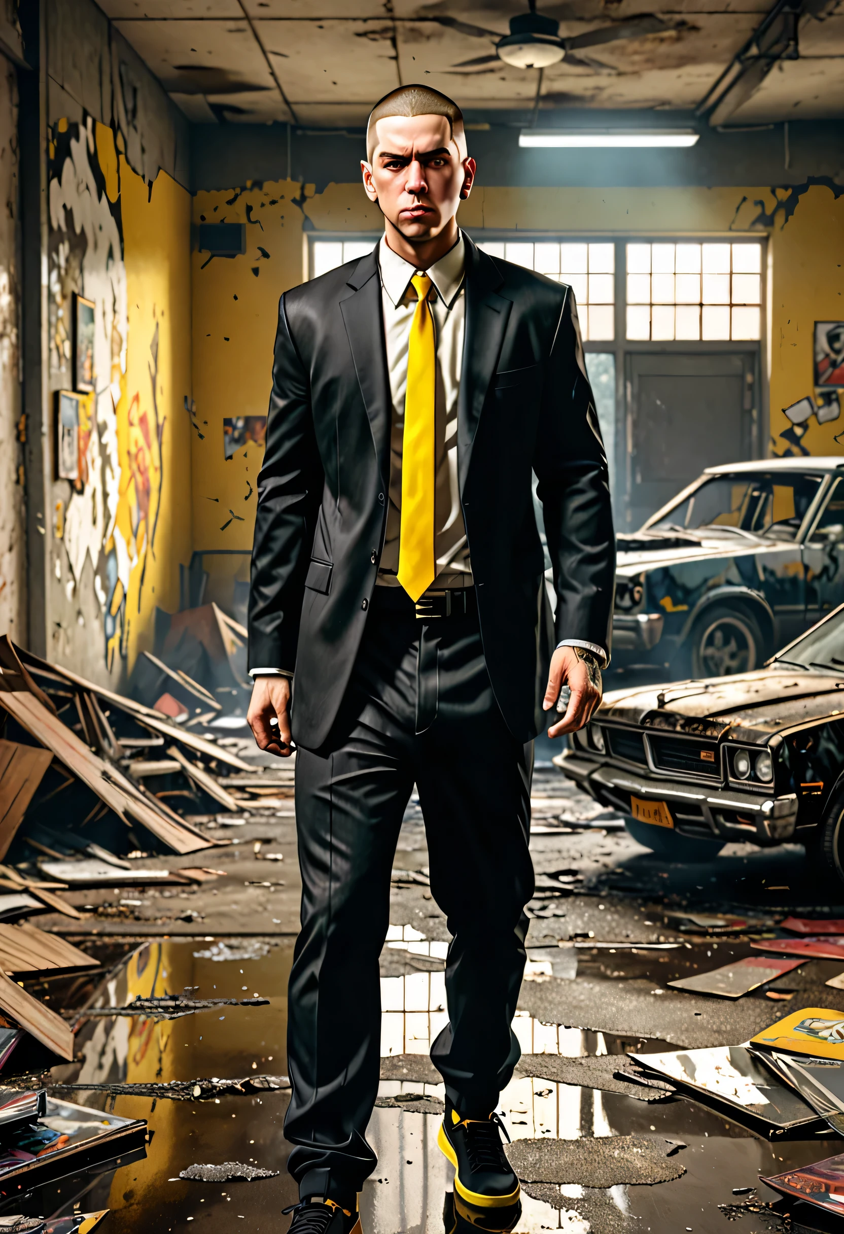 GTA art style, eminem with a short brown haircut and a soul patch, wearing a black suit, black shirt, black and yellow sneakers, and a yellow tie, walking in a dilapidated office building hallway with open doors and yellow curtains in the background, comic book style epic realistic, foto, desbotado, cores neutras, hdr, cores mudas, cena intrincada, artstation, detalhes intrincados, vinheta, detailed, detailed face, intricate, vivid colors, burning car in background.