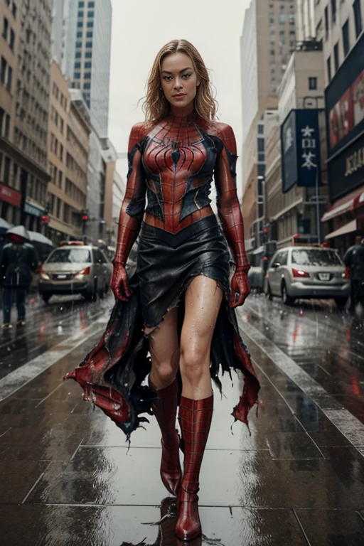 Yvonne Strahovski、マーベル・コミック映画のposter, very beautiful, movies about spiderman, sexy, whole body, I'm wearing a skirt、premiere date, poster、belly buttonを突き出す、new york、she&#39;s wearing a torn spiderman suit,the suit is torn、wearing a skirt、 red and black color scheme,dynamic、masterpiece、highest quality、super detailed、very detailed、Detailed beautiful shine、超A high resolution、cinematic,tear,teardrop,(torn clothes:1.5), (wet clothes:1.4), bare shoulders,real rain,wet hair,belly button、exposing skin、sexyな肩を見せてる