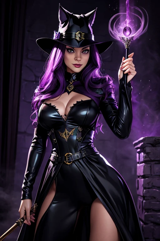 catwoman, wizard style, with wizard hat, a wand, purple and black colors, mystical setting, role-playing