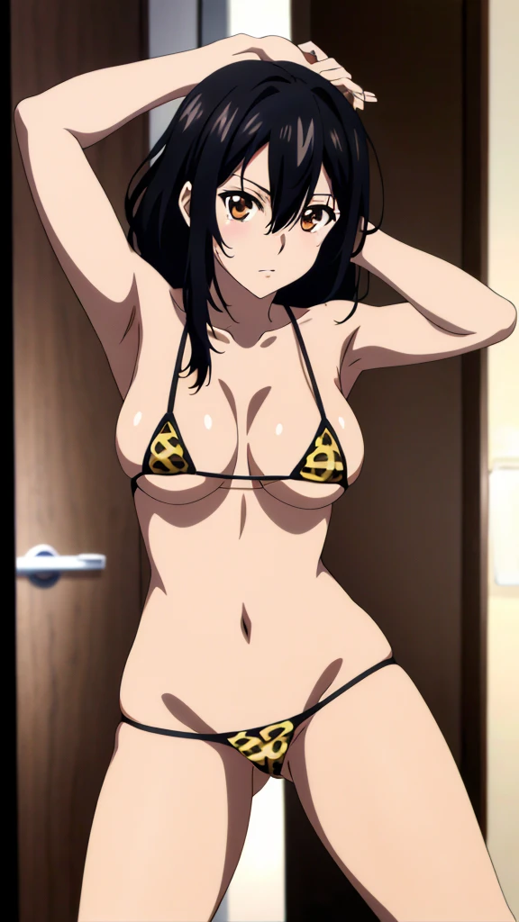 masterpiece, highest quality, 1 girl, himeragi yukina, brown eyes, black hair, hair between eyes, medium hair, medium breasts,leopard print micro bikini,whole body