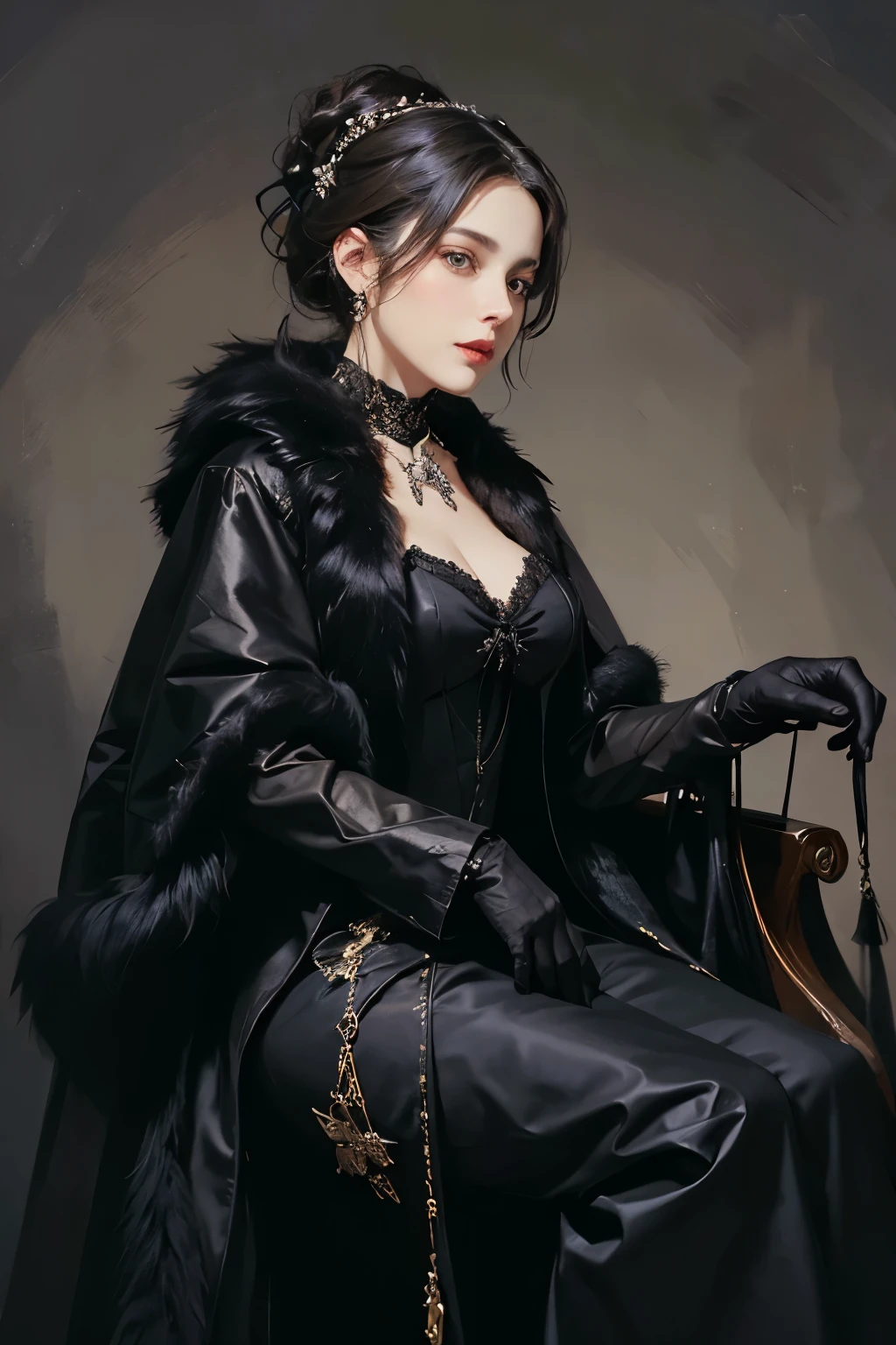 Illustration of a woman wearing a black dress and holding a fur coat, Giovanni Boldini(Giovanni Boldini),