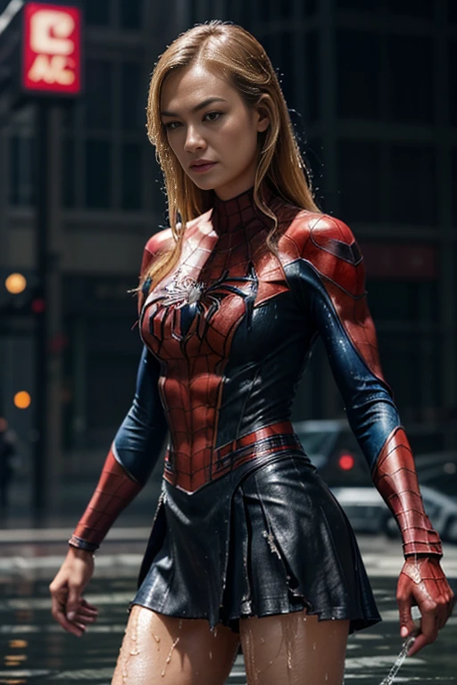 Yvonne Strahovski、マーベル・コミック映画のposter, very beautiful, movies about spiderman, sexy, whole body, I'm wearing a skirt、premiere date, poster、belly buttonを突き出す、new york、she's wearing a torn spiderman suit,the suit is torn、wearing a skirt、 red and black color scheme,dynamic、masterpiece、highest quality、super detailed、very detailed、Detailed beautiful shine、超A high resolution、cinematic,tear,teardrop,(torn clothes:1.5), (wet clothes:1.4), bare shoulders,real rain,wet hair,belly button、exposing skin、sexyな肩を見せてる