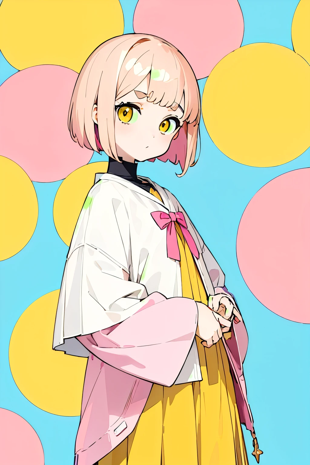 (masterpiece, highest quality) 1 girl, alone, Otaku, colorful flat coloring, warm, yellow eyes、 pink gold short bob、bangs above the eyebrows、short bangs、