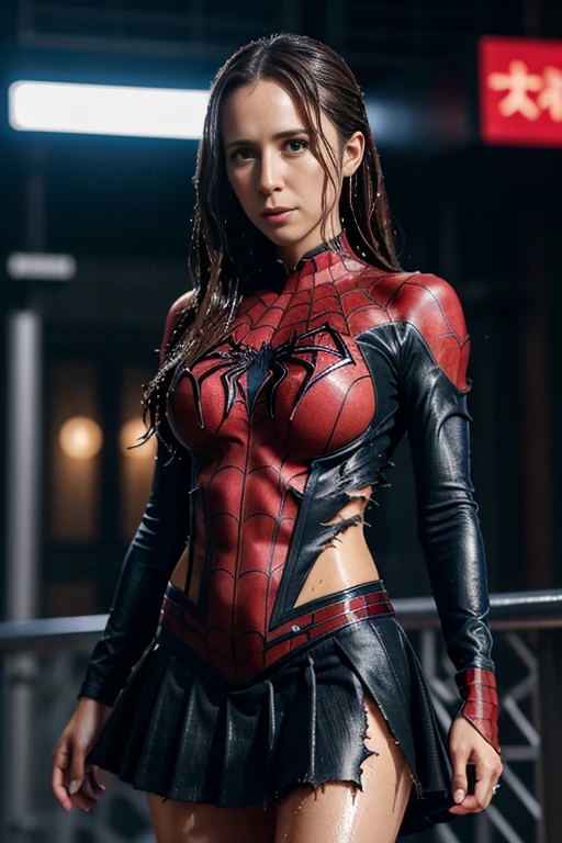 Jennifer Love Hewitt、マーベル・コミック映画のposter, very beautiful, movies about spiderman, , whole body, I'm wearing a skirt、premiere date, poster、belly buttonを突き出す、new york、she's wearing a torn spiderman suit,the suit is torn、wearing a skirt、 red and black color scheme,dynamic、masterpiece、highest quality、super detailed、very detailed、Detailed beautiful shine、超A high resolution、cinematic,tear,teardrop,(torn clothes:1.5), (wet clothes:1.4),  shoulders,real rain,wet hair,belly button、exposing skin、sexyな肩を見せてる