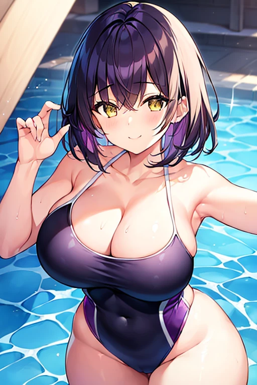 1girl, large breasts, breasts, wide hips, thick thighs, purple hair, short hair, very short hair, yellow eyes, one-piece swimsuit, blue swimsuit, competition swimsuit, black one-piece swimsuit, light smile, smile, hourglsss figure, toned, toned female, tall, tall female