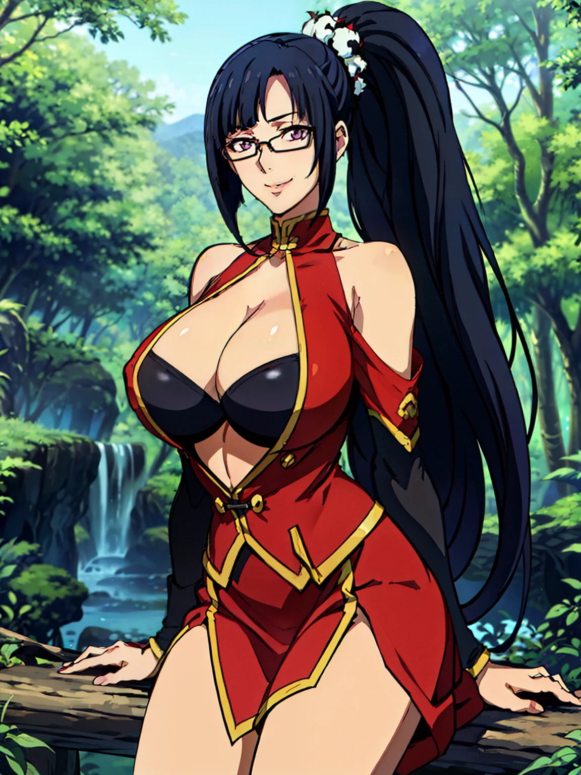 (sitting at big fallen tree), Red dress, chinese clothes, cleavage cutout, clothing cutout, bare shoulders, (forest background), (sunny weather), Litchi Faye-Ling, mature woman, anime cels style, best quality, high resolution, 1girl, (huge breasts:1.2), beautiful face, Beautiful Finger, Beautiful long legs, Beautiful body, Beautiful Nose,Beautiful character design, semi-rimless eyewear, black hair, very long hair, ponytail,Bangs,purple eyes, (cowboy shot), smiling, looking at viewer