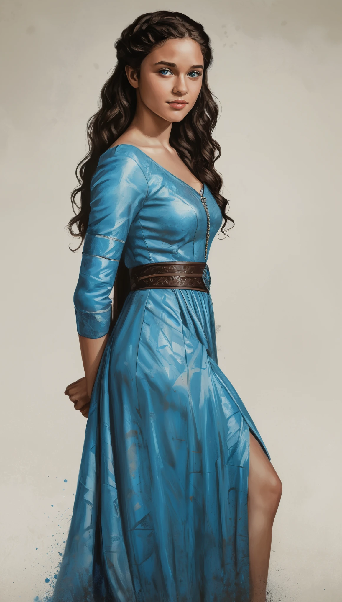 An illustrated movie poster, hand-drawn, full color, a Westerosi age girl, wearing a regal dress, brown complexion, azure blue eyes, dark hair, long loose curls, waist-length hair, posing on a pedestal, hard shadows, graphite shading, stencil marks, airbrushed acrylic paint, masterpiece, in the style of Game of Thrones