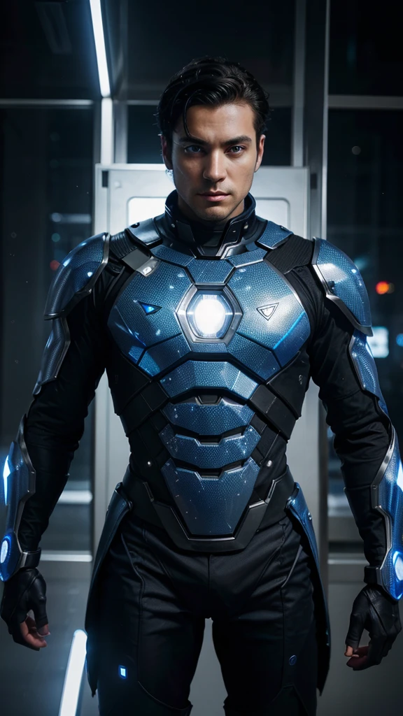 (1 man, young man: 1.2), robot man, strong, blue eyes, black hair, portrait, looking at the viewer, alone, (full body:0.6), detailed background, close-up, detailed face, futuristic glowing cobalt armor, thick armor, crystal patterns, capes, gadgets, bionics, epic galaxy spaceships in the background, flashes of light, explosions, holograms, cinematic atmosphere,