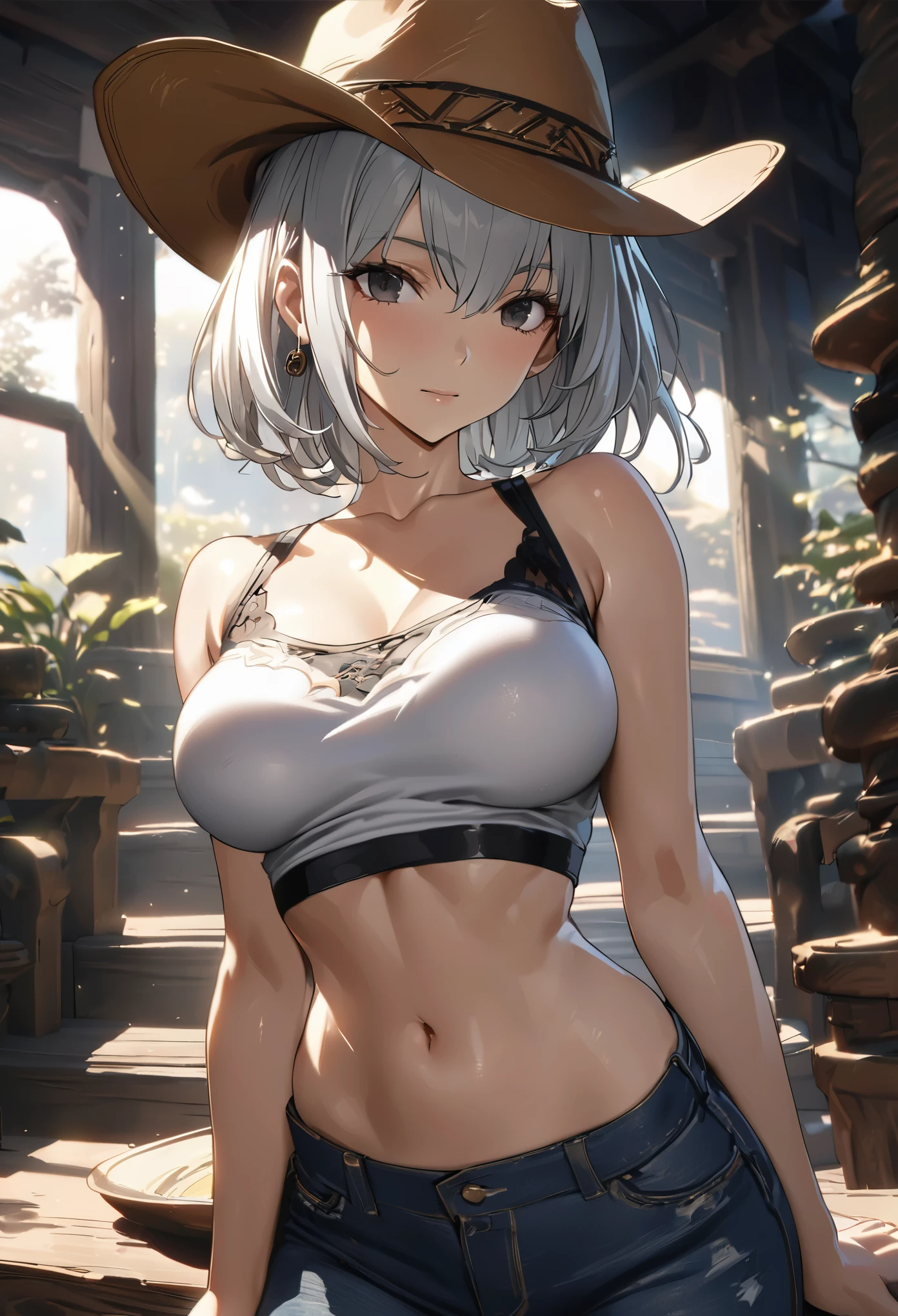 ((solo)), (woman), black eyes, silver hair, short hair, (sculpted body), medium-big breasts, thick, (20 year old), close up of a person on a village during the night detailed key anime art, acheron, casimir art, masamune shiro, masamune, beautiful woman in demon slayer art,, heise jinyao, shadowverse style, (no logos), jeans shorts, crop-top shirt, jeans jacket, cowboy hat, eye reflection, depth of field, cinematic lighting, ray tracing, depth of field, cinematic lighting, ray tracing, UHD, high details, best quality, highres, high quality, award winning, super detail, masterpiece, 8k, UHD, high details, best quality, highres, high quality, award winning, super detail, masterpiece, 8k