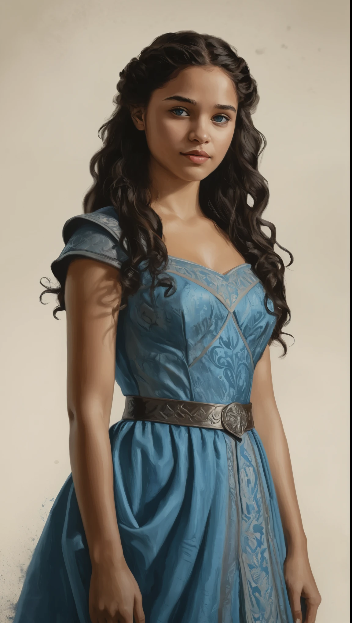 An illustrated movie poster, hand-drawn, full color, a Westerosi age girl, wearing a regal dress, brown complexion, azure blue eyes, dark hair, long loose curls, waist-length hair, posing on a pedestal, hard shadows, graphite shading, stencil marks, airbrushed acrylic paint, masterpiece, in the style of Game of Thrones