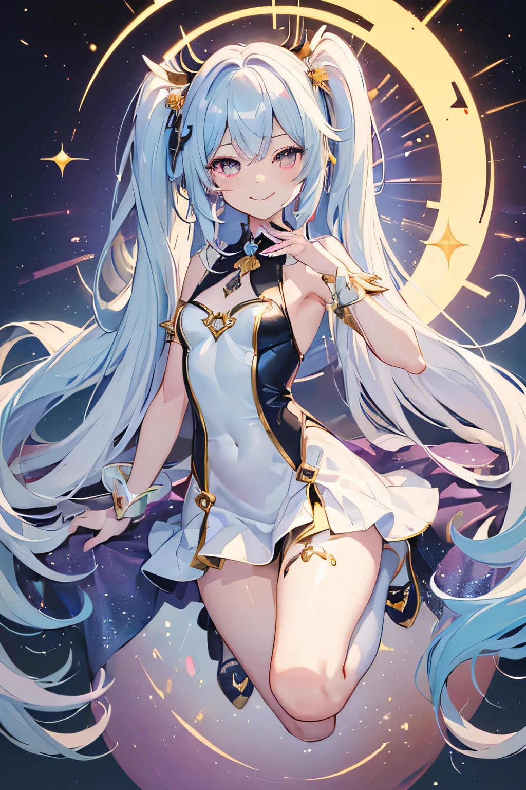 (Chibi: 1.3) (Masterpiece: 1.4), (Best Quality: 1.4), (Very Cute Angel Girl, Super Detailed Face, Jewel-like Eyes, White Very Long Hair, Colorful Gradient Hair: 1.4), (Angel Ring: 1.4), (Angel Wings: 1.4), (Full body, perfect 2 arms, perfect 2 legs: 1.4), (Perfect 4 fingers: 1 thumb), light, shine, bokeh, super fine, ((purple eyes)), ((black angel wing)), (((((extra slender shape))))), ((condescending expression)), ((mischievous smile with sexual satisfaction)), ((high and long twin pig tails))