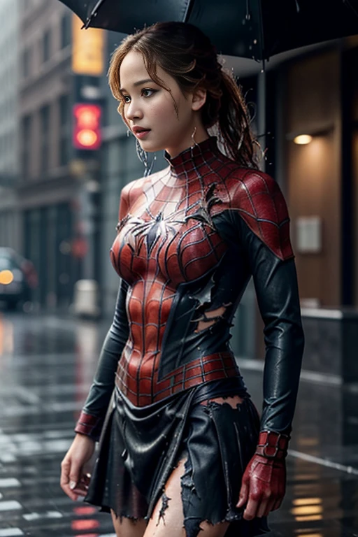 jennifer lawrence、マーベル・コミック映画のposter, very beautiful, movies about spiderman, sexy, whole body, I'm wearing a skirt、premiere date, poster、belly buttonを突き出す、new york、she's wearing a torn spiderman suit,the suit is torn、wearing a skirt、 red and black color scheme,dynamic、masterpiece、highest quality、super detailed、very detailed、Detailed beautiful shine、超A high resolution、cinematic,tear,teardrop,(torn clothes:1.5), (wet clothes:1.4), bare shoulders,real rain,wet hair,belly button、exposing skin、sexyな肩を見せてる
