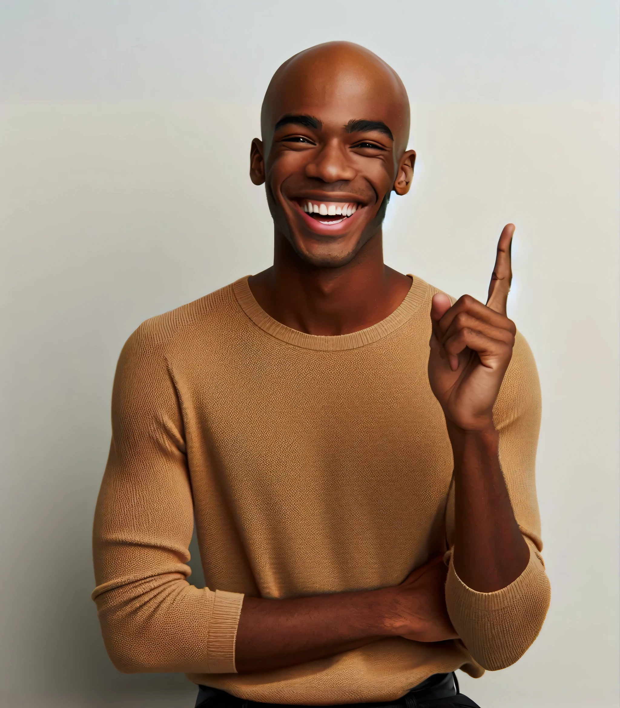 full view of a A beautiful black American 25-y-o bald male student laughing happily and pointing her right hand upwards, plain background 