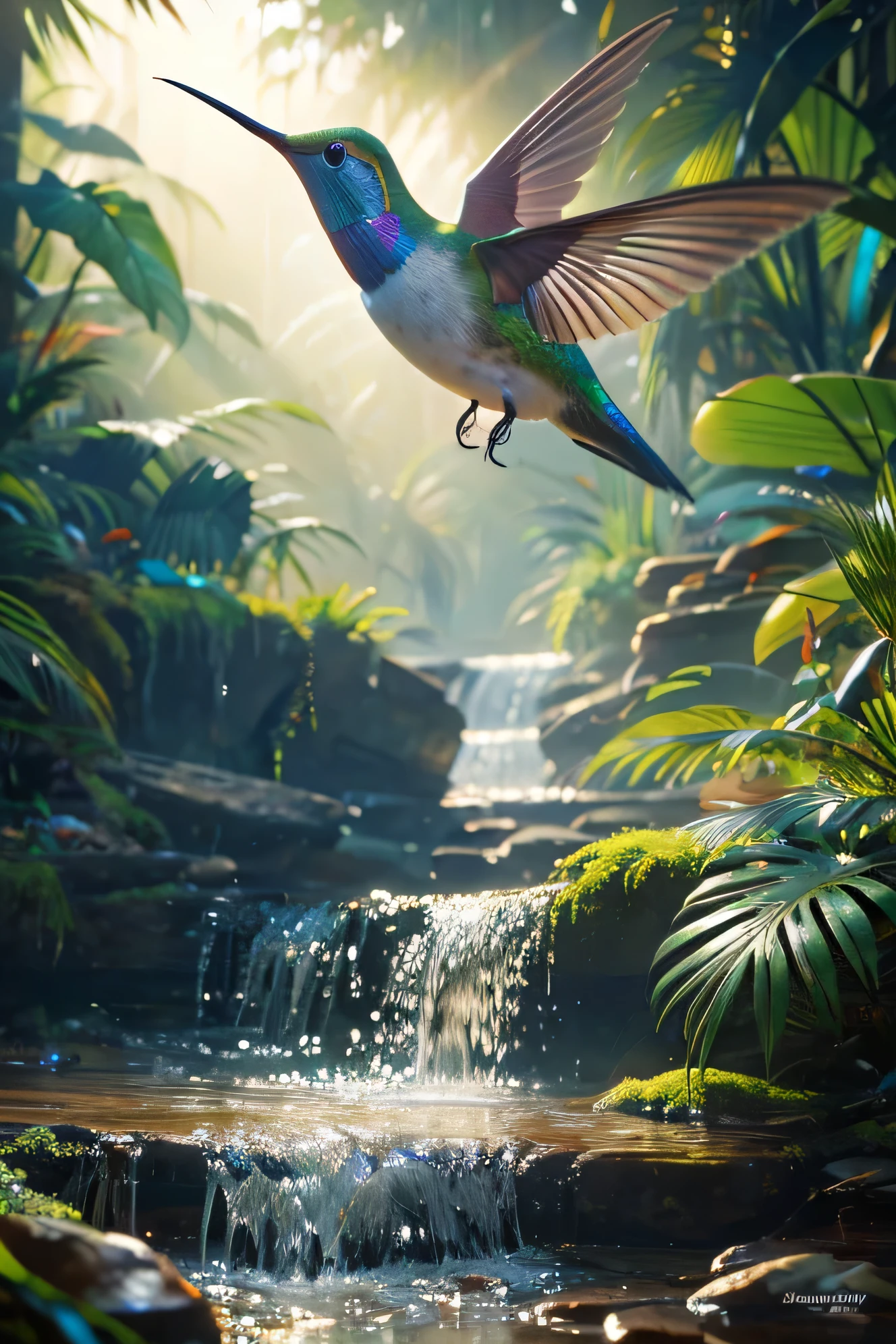 Beautiful hyper-realistic and super-detailed masterpiece that shows a mysterious river in the amazon forest, with the morning sunshine, Flying hummingbird over a tropical flower