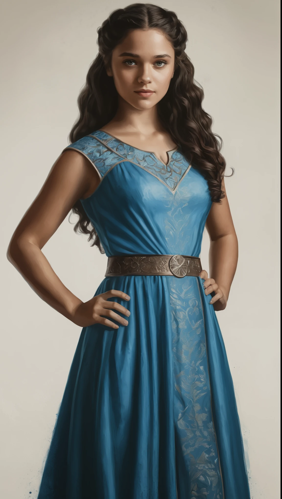 An illustrated movie poster, hand-drawn, full color, a Westerosi age girl, wearing a regal dress, brown complexion, azure blue eyes, dark hair, long loose curls, waist-length hair, posing on a pedestal, hard shadows, graphite shading, stencil marks, airbrushed acrylic paint, masterpiece, in the style of Game of Thrones 