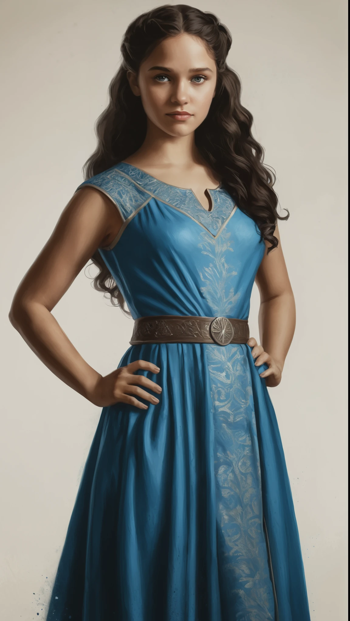 An illustrated movie poster, hand-drawn, full color, a Westerosi teenage girl, wearing a regal dress, brown complexion, azure blue eyes, dark hair, long loose curls, waist-length hair, posing on a pedestal, hard shadows, graphite shading, stencil marks, airbrushed acrylic paint, masterpiece, in the style of Game of Thrones