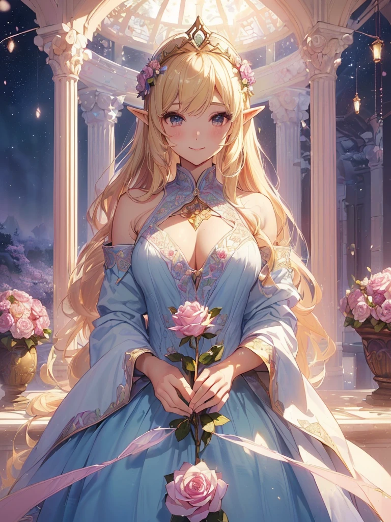 highest quality、Highest image quality、masterpiece、beautiful face、、Titania、Super beautiful elf beauty((22 years old OL big bust、bust 90,beautiful long ironed hair、blonde、Height: 165cm。slender、sexy、Esbian、beautiful tiara、night、High quality、美しいart、Beautiful bed、canopy、Sky curtain、muste piece、ビジュアルart、Depth of the bounds written、、elf ears、、Lightのmagic、universe、A happy smile、穏やかなLight、Elven Forest、cherry blossoms、、elegant、ticker beautiful decorative、marble columns、fresco、Mosaic floor、mystical rosa、Rose、flower瓶、magicのflower、flowerを作るmagic、Light、 the sky、beautiful dressy、beautiful dresyth、ART、Lord of the Ring、spectacular scenery、sexy、friendly smile、Fantastic、cherry blossoms、舞い散るflowerびら、cherry blossomsのflower、universeのmagic、magicのLight、fantasy、flower、super REALITYたくさんのRose、magic、Interior decoration、Many tapestries、Grow fantasy、、mysteryのLight、byzantine、renaissance、Art nouveau、alphonse Mucha、、art、art,mystery,UHD,magicalgentle light,sexy、