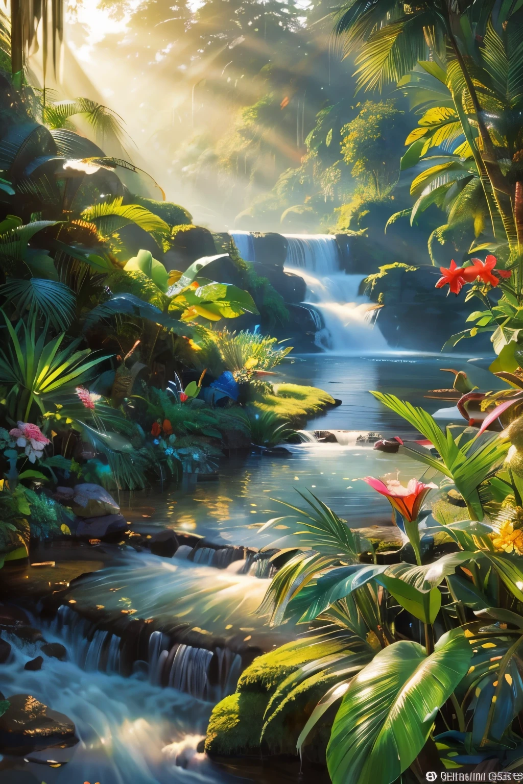 Beautiful hyper-realistic and super-detailed masterpiece that shows a mysterious river in the amazon forest, with the morning sunshine, Flying hummingbird over a tropical flower