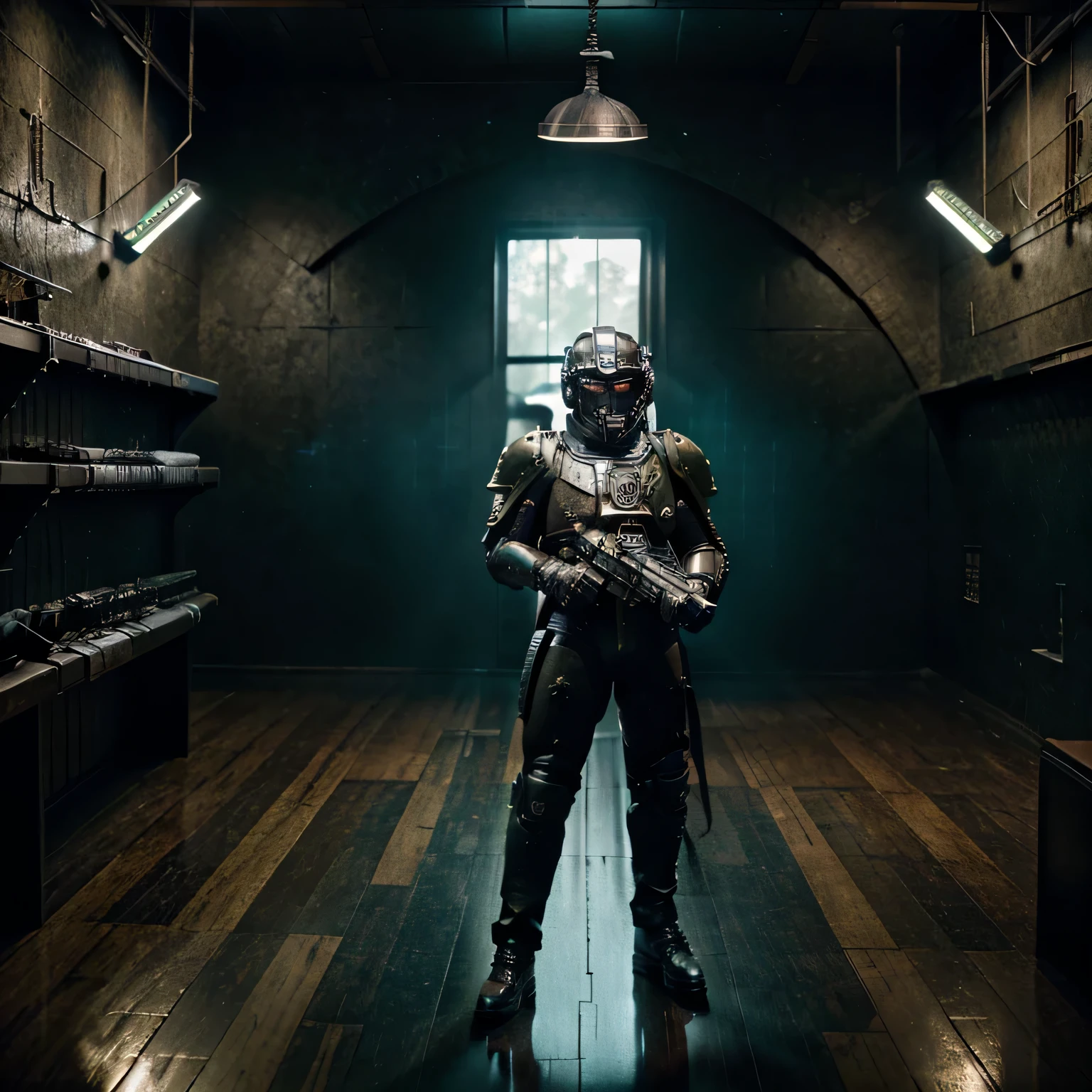 Realistic depiction of a warhammer 40k primaris space marine from the raptors chapter, helmet on, holding a battle rifle, standing guard inside a gothic style space ship, dark environment, realistic textures and lighting, teal and green colors, dim reflections of light, grid-like metallic floor with rust, high quality, realistic, gothic, warhammer 40k, primaris armor, space marine, raptors chapter, bolter rifle, dark environment, textured, teal and green, dim reflections, metallic floor, atmospheric lighting.