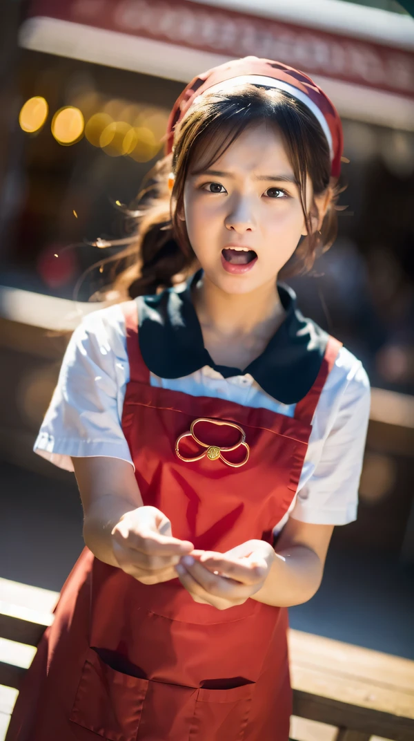 (8K, highest quality, masterpiece: 1.2), Super detailed, super resolution, a girl, red apron, (Outraged:1.1), (open mouth:1.1),light particles, strong wind,
