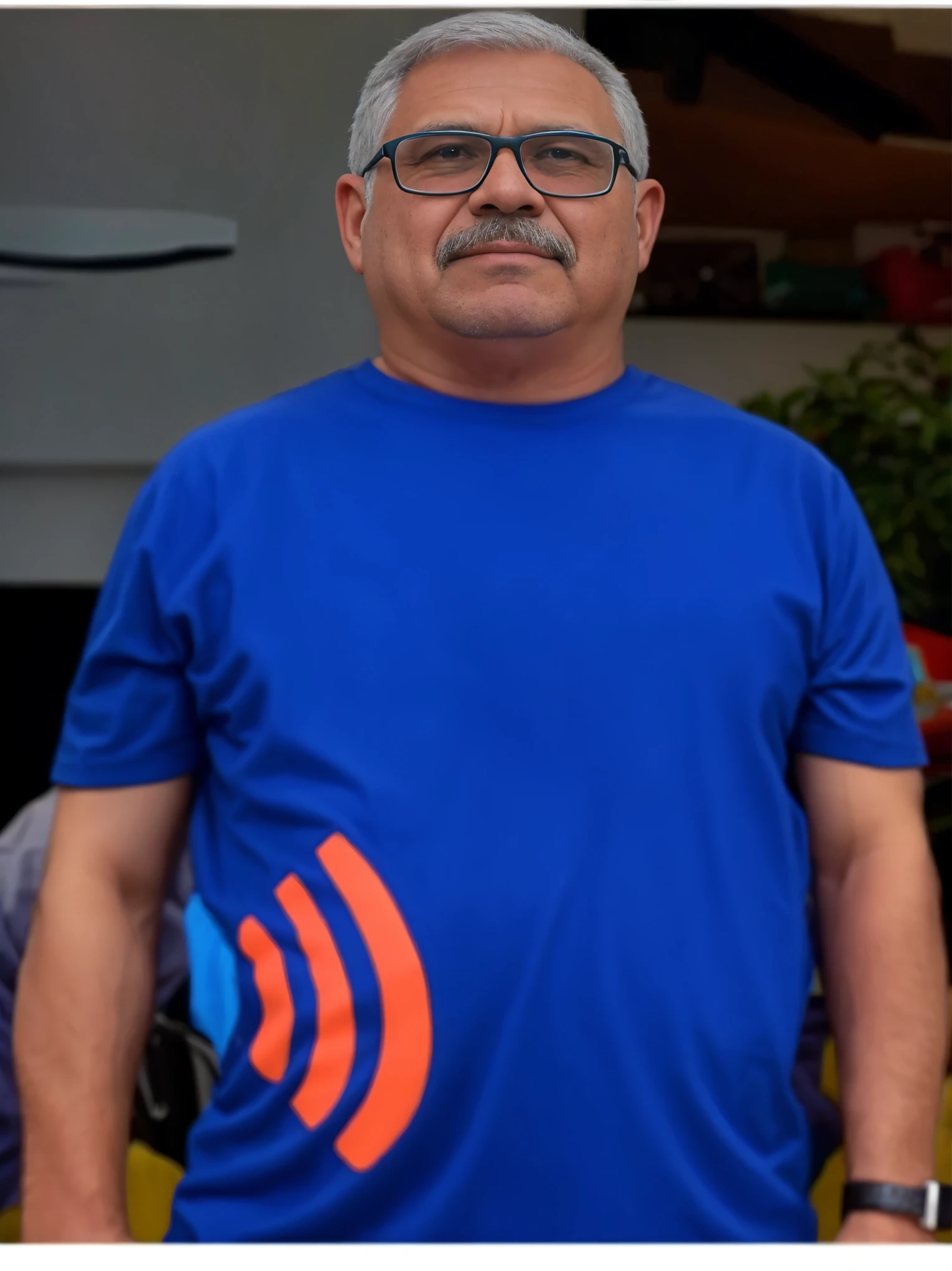 a man with gray hair wearing glasses and a blue shirt
