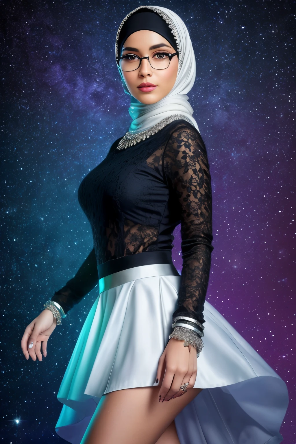 A full body portrait of a romantic and elegant female model, adorned with a hijab and Air Magi sneakers, glasses with silver frames, and a tribal, modest outfit. The image is captured in high definition, with dynamic cinematic light illuminating every curve and contour of her body. The hijab shines under the light, adding an element of luxury and sophistication to the scene. Her skin glows with hyperrealistic definition, every pore and texture visible in High Dynamic Range. Her eyes, with perfect facial symmetry, are bright and glowing, adding intrigue and allure to the image. The starry night backdrop adds a royal and enchanting setting to this stunning master