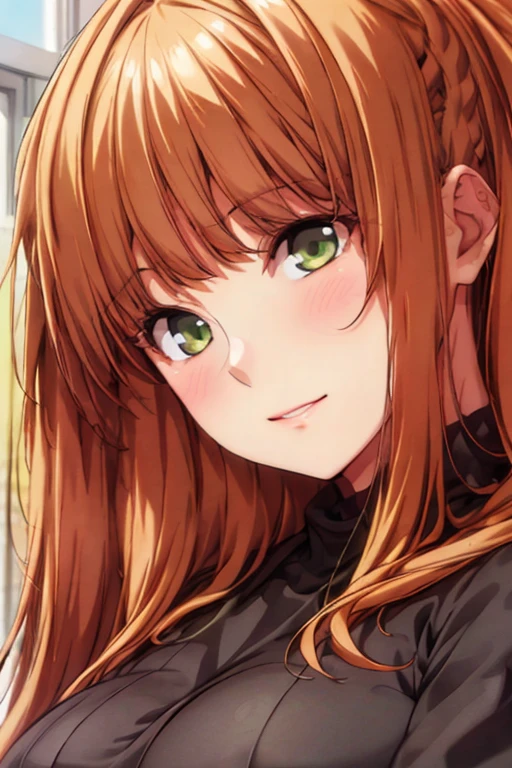 Black shirt,long sleeves,turtleneck, hair ornament, Green eyes, Orange hair,bangs,Long hair, 1 girl, 20yo,Young female,Beautiful long legs,Beautiful body, Beautiful Nose,Beautiful character design, perfect eyes, perfect face,expressive eyes,perfect balance, looking at viewer,(Focus on her face),closed mouth, (innocent_big_eyes:1.0),(Light_Smile:0.3), official art,extremely detailed CG unity 8k wallpaper, perfect lighting,Colorful, Bright_Front_face_Lighting,White skin, (masterpiece:1.0),(best_quality:1.0), ultra high res,4K,ultra-detailed, photography, 8K, HDR, highres, absurdres:1.2, Kodak portra 400, film grain, blurry background, bokeh:1.2, lens flare, (vibrant_color:1.2),professional photograph, (Beautiful,large_Breasts:1.4), (beautiful_face:1.5),(narrow_waist), (((upper body)))