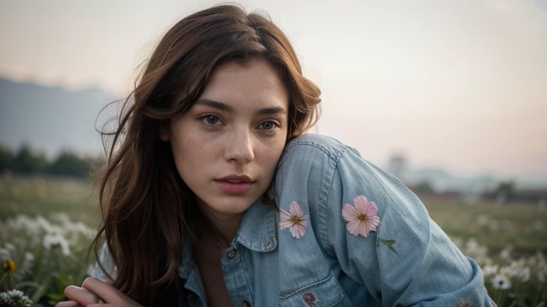 a photo of a seductive woman with loose styled redhead hair, posing in a fieldofflowers, she is wearing Button-up pink flannel shirt, and denim shorts, intricate details, goosebumps, flawless face, shy, prude, (freckles:0.9), ((photorealistic):1.2), raw