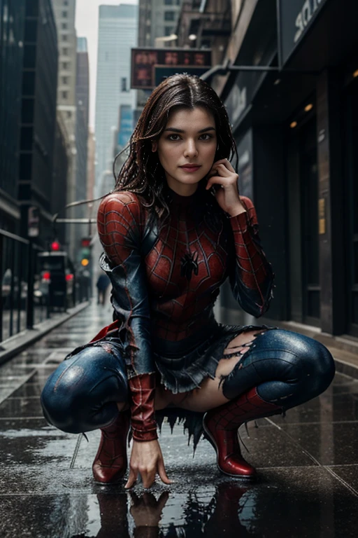 Rachel Weisz、squatting down、マーベル・コミック映画のposter, very beautiful, movies about spiderman, sexy, whole body, I'm wearing a skirt、premiere date, poster、belly buttonを突き出す、new york、she&#39;s wearing a torn spiderman suit,the suit is torn、wearing a skirt、 red and black color scheme,dynamic、masterpiece、highest quality、super detailed、very detailed、Detailed beautiful shine、超A high resolution、cinematic,tear,teardrop,(torn clothes:1.5), (wet clothes:1.4), bare shoulders,real rain,wet hair,belly button、exposing skin、sexyな肩を見せてる