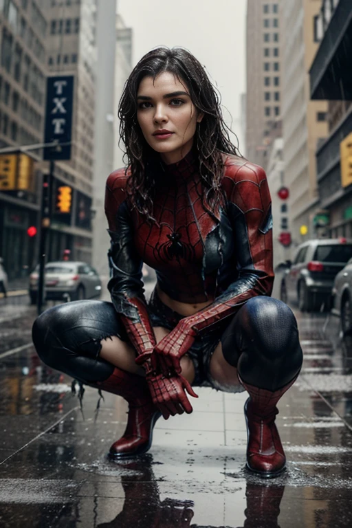 Rachel Weisz、squatting down、マーベル・コミック映画のposter, very beautiful, movies about spiderman, sexy, whole body, I'm wearing a skirt、premiere date, poster、belly buttonを突き出す、new york、she's wearing a torn spiderman suit,the suit is torn、wearing a skirt、 red and black color scheme,dynamic、masterpiece、highest quality、super detailed、very detailed、Detailed beautiful shine、超A high resolution、cinematic,tear,teardrop,(torn clothes:1.5), (wet clothes:1.4), bare shoulders,real rain,wet hair,belly button、exposing skin、sexyな肩を見せてる