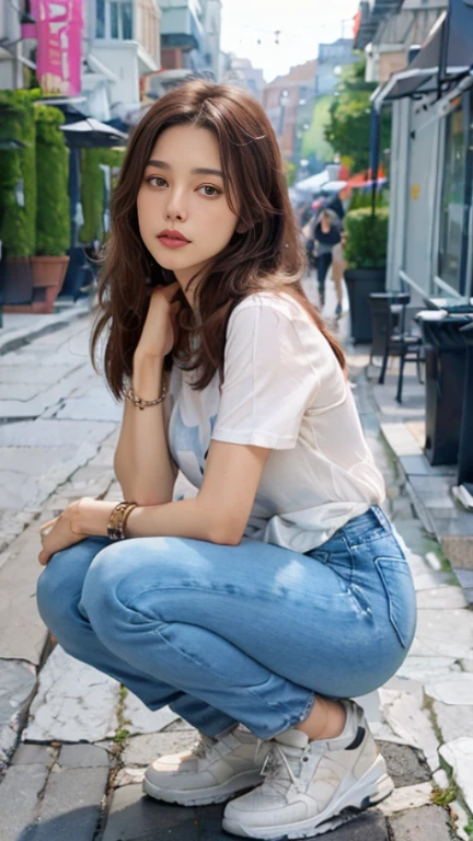 1girl, solo, bag, pants, jeans, squatting, denim, realistic, shirt, shoes, sneakers, long_hair, brown_hair, jewelry, t-shirt, white_shirt, handbag, ring, brown_eyes, bracelet, outdoors, lips, striped, alley, blue_footwear