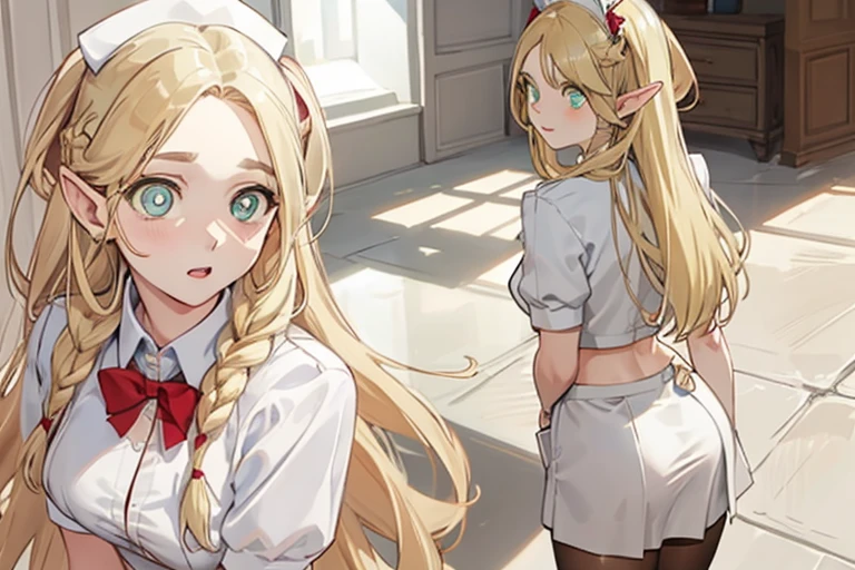 stockings,tights,skirt,dress,white top,Boots, fashion clothes,(all character design test,front,back,Side),Long golden hair,Thick eyebrows, bust and waist,beautiful blonde,(masterpiece),((Best quality)),(Super detailed),(beautiful eyes beautiful details eyes,Clean and gentle face),bunny girl,nurse,maid