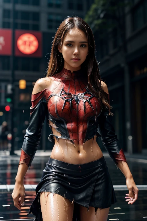jessica alba、マーベル・コミック映画のposter, very beautiful, movies about spiderman, sexy, whole body, I'm wearing a skirt、premiere date, poster、belly buttonを突き出す、new york、she&#39;s wearing a torn spiderman suit,the suit is torn、wearing a skirt、 red and black color scheme,dynamic、masterpiece、highest quality、super detailed、very detailed、Detailed beautiful shine、超A high resolution、cinematic,tear,teardrop,(torn clothes:1.5), (wet clothes:1.4), bare shoulders,real rain,wet hair,belly button、exposing skin、sexyな肩を見せてる