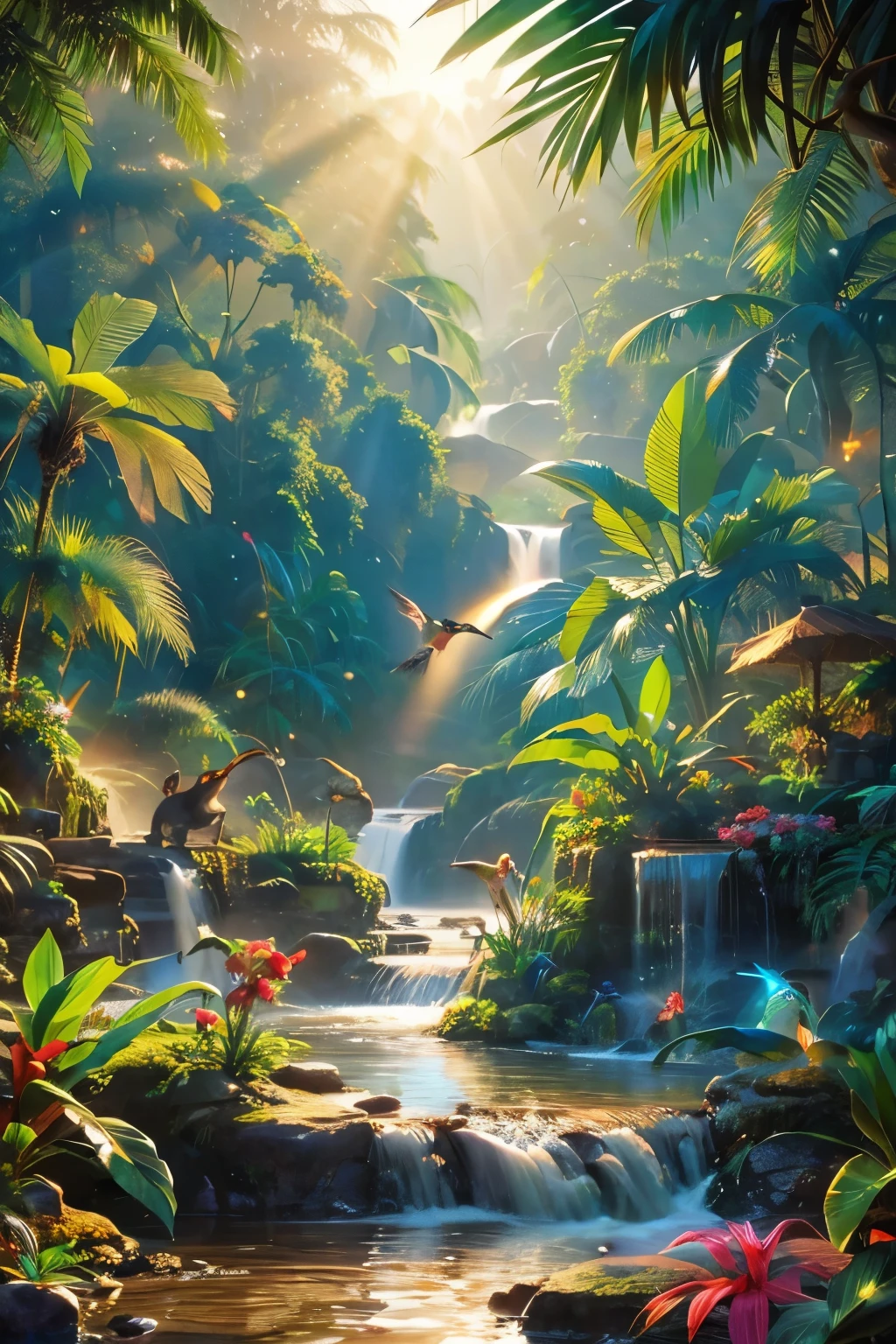 Beautiful hyper-realistic and super-detailed masterpiece that shows a mysterious river in the amazon forest, with the morning sunshine, Flying hummingbird over a tropical flower