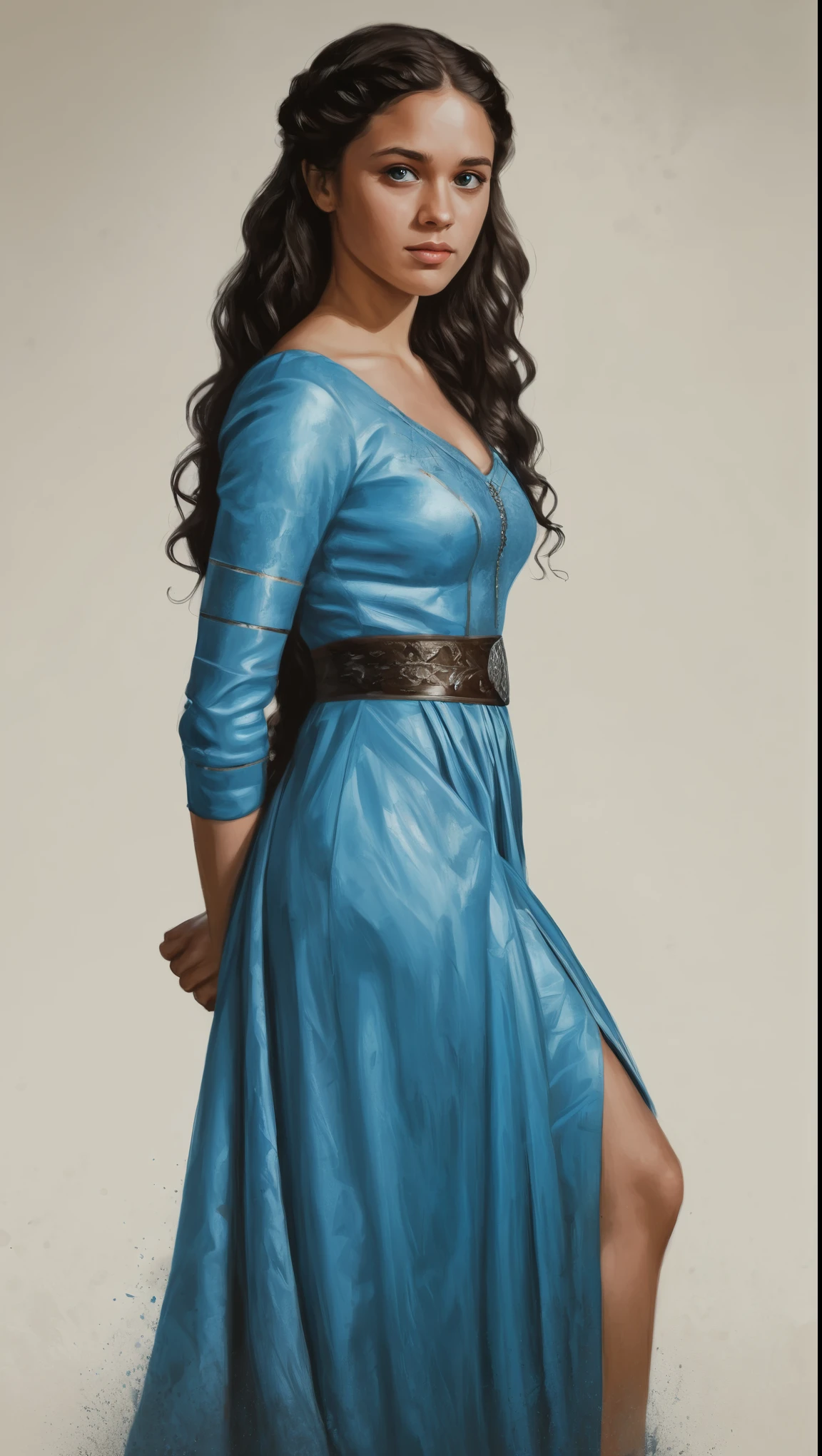 An illustrated movie poster, hand-drawn, full color, a Westerosi teenage girl, wearing a regal dress, brown complexion, azure blue eyes, dark hair, long loose curls, waist-length hair, posing on a pedestal, hard shadows, graphite shading, stencil marks, airbrushed acrylic paint, masterpiece, in the style of Game of Thrones