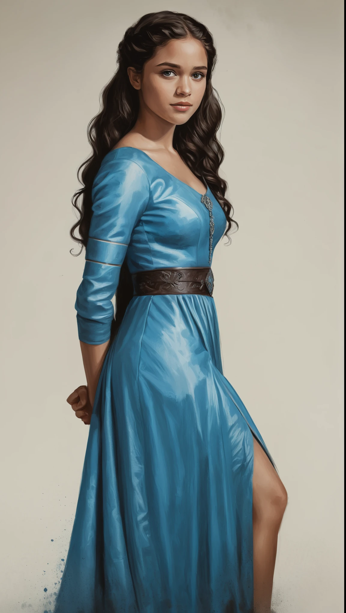 An illustrated movie poster, hand-drawn, full color, a Westerosi teenage girl, wearing a regal dress, brown complexion, azure blue eyes, dark hair, long loose curls, waist-length hair, posing on a pedestal, hard shadows, graphite shading, stencil marks, airbrushed acrylic paint, masterpiece, in the style of Game of Thrones