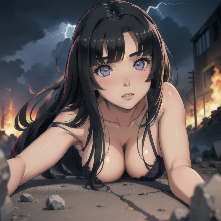 ((masterpiece, best quality, highres, UHD, perfect pixel, depth of field, 8k, RTX, HDR)), BREAK, 1girl, single, solo, beautiful anime girl, beautiful artstyle, anime character, ((long hair, black hair)), (purple:1.4, rounded eyes, beautiful eyelashes, realistic eyes),big breast, with a neckline, black bra, with cloudy sky and lightning from the sky a sun, radiant with many clouds around, blushing, BREAK, lying on the floor with a broken katana and covered in blood, surrounded by rubble of a building, and a fire in the distance.