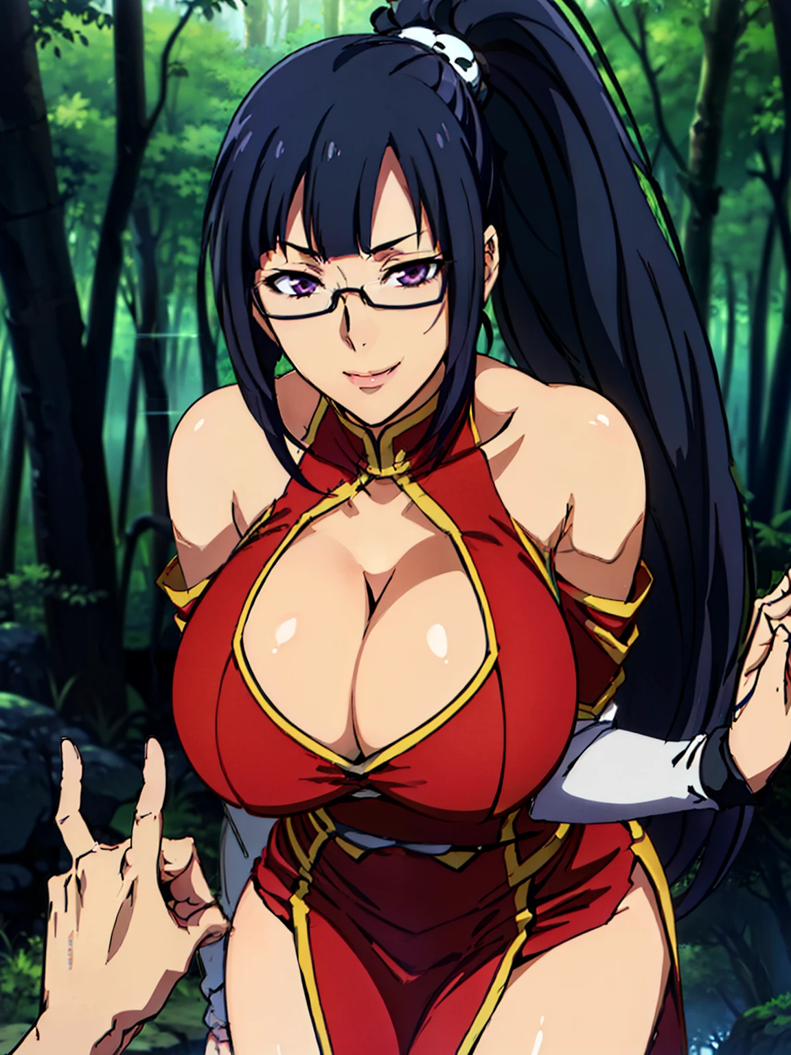 (leaning forward), (viewer hands grabbing breasts), (pov from front), Red dress, chinese clothes, cleavage cutout, clothing cutout, bare shoulders, (forest background), (foggy weather), Litchi Faye-Ling, mature woman, anime cels style, best quality, high resolution, 1girl, (huge breasts:1.2), beautiful face, Beautiful Finger, Beautiful long legs, Beautiful body, Beautiful Nose,Beautiful character design, semi-rimless eyewear, black hair, very long hair, ponytail,Bangs,purple eyes, (cowboy shot), smiling, looking at viewer