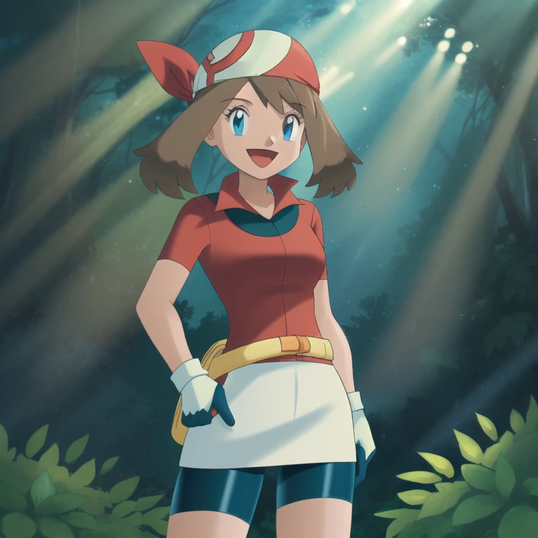 may \(pokemon\), forest, light rays, 1girl, solo, cowboy shot, standing, looking at viewer, smile, open mouth, hand on hip, hand on own thigh, bandana, shirt, skirt, bike shorts, gloves, fanny pack, peeing on me