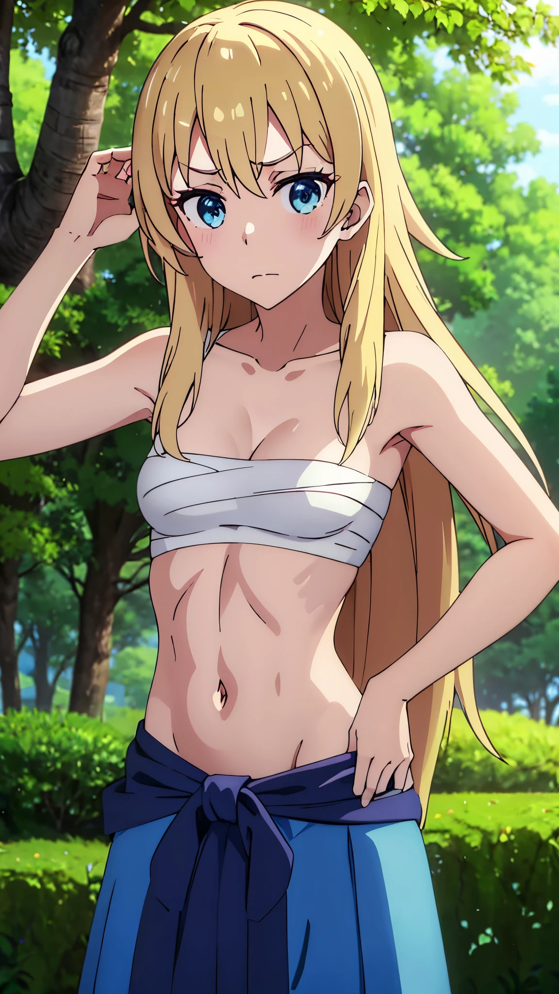 masterpiece, highres, solo, 8k, detailed, perfect face, best quality, (ultra high quality), (looking at viewers), (armpit), collarbone, bare arms, big breast, cleavage, blonde hair, long hair, red eyes, belly, stomach, navel, abs, sarashi chest, bandaged breast, white bandage, (red hakama), slim body, upper body, emotionless, flat face, at forest, hand up
